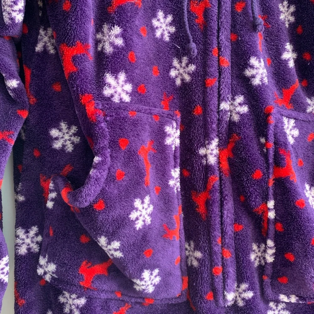 Alexander Del Rossa Plush Women's Hooded Footed Pajamas Purple Reindeer Medium - Picture 3 of 6